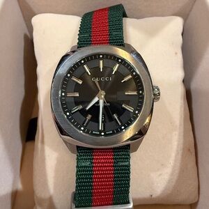 Gucci Black Dial Watch with Green & Red Stripe Nylon Strap GG2570